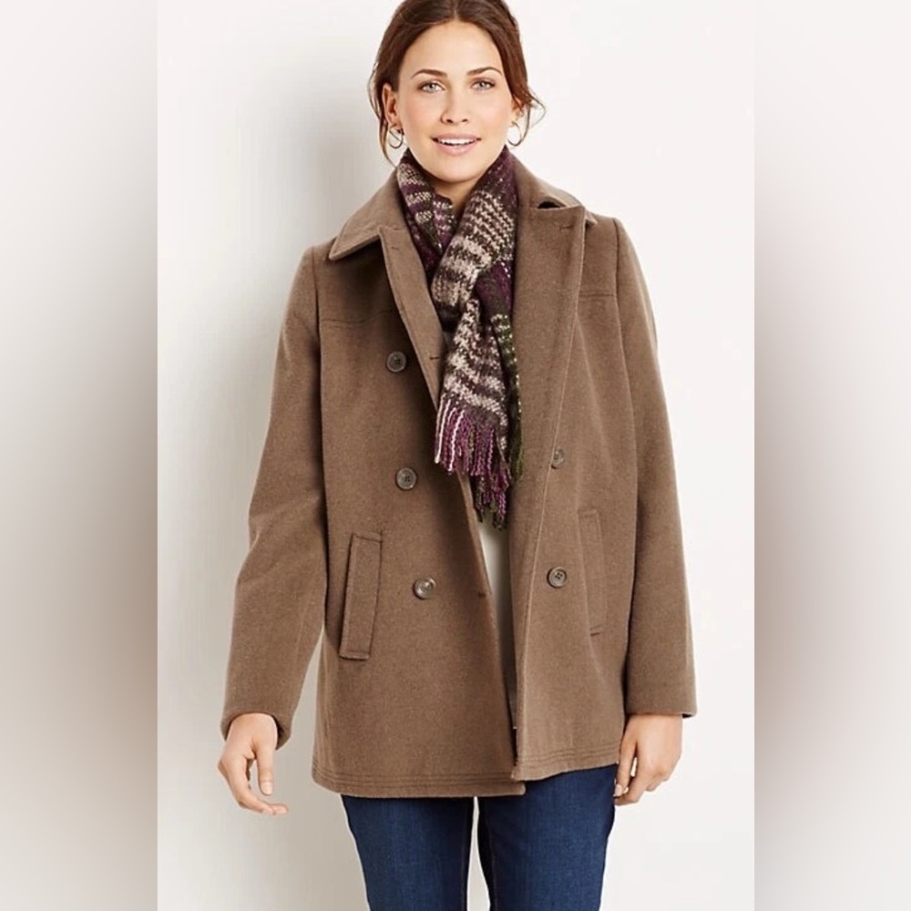 New J.Jill Double Breast Pea Coat Wool Blend Peat Soft